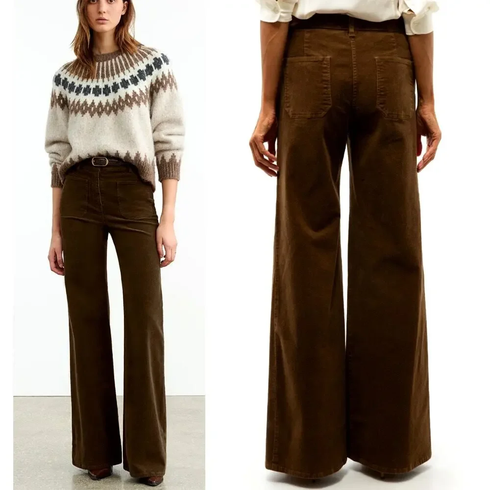 Nili Lotan Womans 2 Florence Wide Leg Corduroy Flare Pants High Rise Cigar Brown - Picture 1 of 14